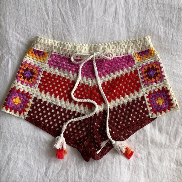 Farm Rio Mixed Stripes Crochet Knit Drawstring Shorts Multicolor Rainbow - Picture 1 of 14